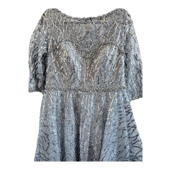 MAC DUGGAL 20252 High Neck Elbow Sleeve Embellished A-Line Dress Size 12 Silver - Picture 5 of 11